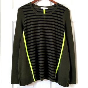 Duffy Lightweight Wool & Cashmere Striped Knit Flared Slit Hem Sweater Green XS